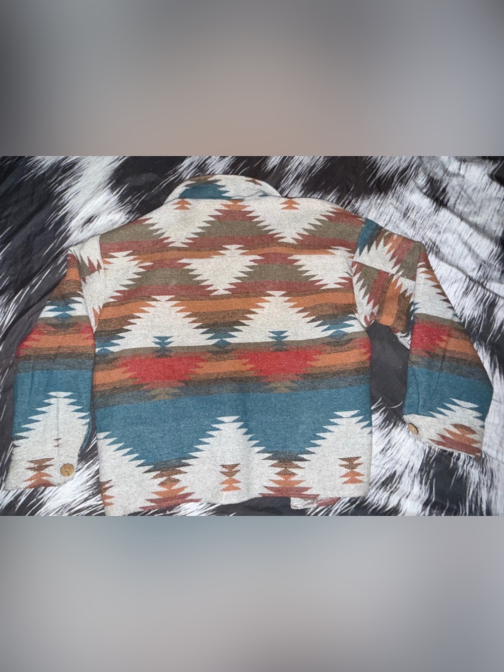 Aztec Pattern Button Up Jacket - Teal, Rust & Cream - Picture 2 of 4
